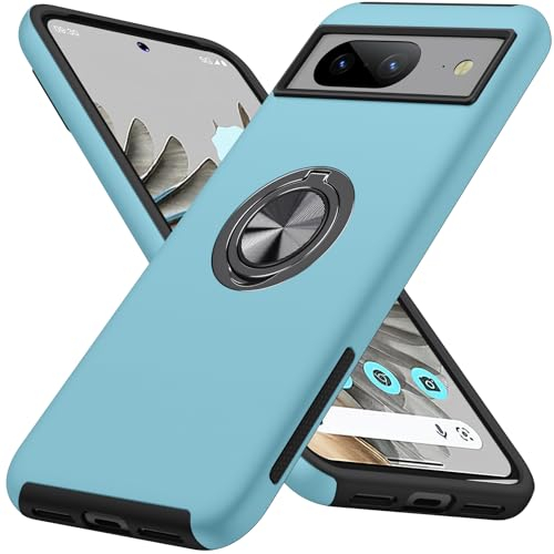 AOUIA for Google Pixel 8 Case with Stand, 360° Rotating Metal Ring Holder Support Magnetic Car Mount, Shockproof and Anti Scratch, Sky Blue