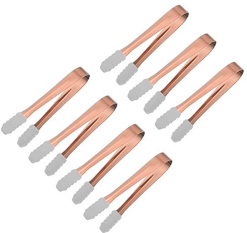 uxcell Serving Tongs, 7pcs 5.3Inch - Stainless Steel Ice Tongs with Silicone Head, Tiny Tongs for Appetizers, Sugar, Desserts, Bar, Cafe (Rose Gold)