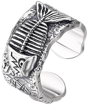 Vintage 925 Sterling Silber Fossil Fischgräten Fisch Skelett Ring für Herren Jungen Offen Verstellbar