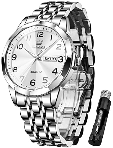 OLEVS Herrenuhren Silber Business-Kleid Luxus-Armbanduhr Luminous Leicht zu lesen wasserdichte Edelstahluhr für Männer