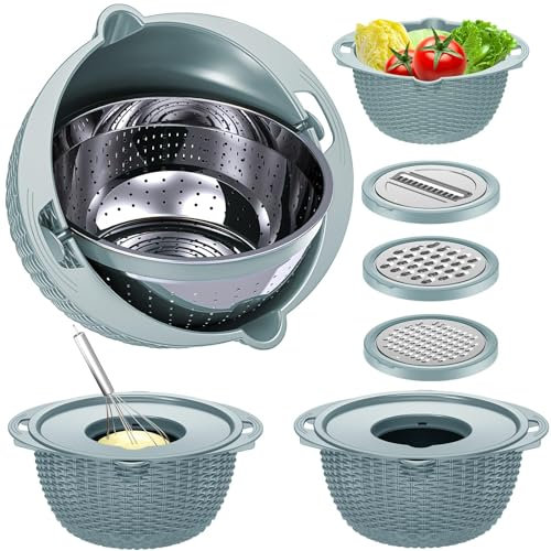 Balavina 4-1 Colander with Mixing Bowl Set - Strainers for Kitchen, Food and Colanders, Pasta Strainer, Rice Fruit Cleaner, Veggie Wash, Salad Spinner, Apartment & Home Essentials Blue