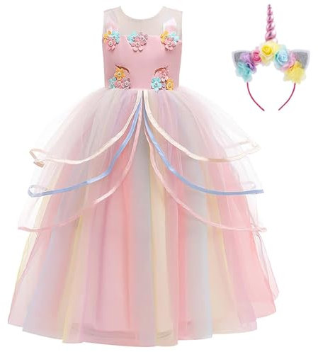 Belle & Moana® Déguisement de Licorne pour filles, Déguisement Princesse avec corne licorne pour enfants, Robe Licorne Enfant de Princesse pour Anniversaire Fête Mariage Halloween Carnaval Cosplay