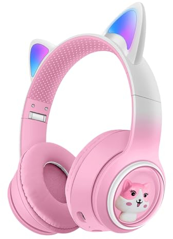 SH-RuiDu Cat-Ear-Kopfhörer für, tragbar, faltbar, kabellos, kabelgebunden, Dual-Modi, Gaming-Headset, Bluetooth 5. 3 Kopfhörer, RGB-LED, Katzenohr-Over-Ear-Headset mit Mikrofon für Tablet, PC, Schule,
