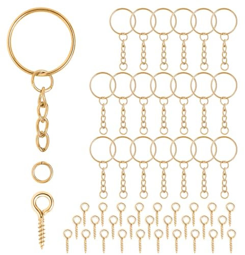 Anneau Porte Clef 86 Pièces Split Anneaux Porte Clé 86 Vis Oeil Attache Porte Cléf Loisir Creatif Chainette Porte Clé 25 mm Kit Porte Clef a Fabriquer pour DIY Fabrication de Bijoux(Doré)
