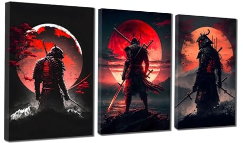 Samurai Bilder 3x60x90, Modern Rot Samurai Wohnzimmer Deko Poster,Unframed | 3er Set Samurai Leinwand Kunstdrucke, Japan-Stil Wandbilder für Wohnzimmer Schlafzimmer Gaming-Zimmer,Unframed