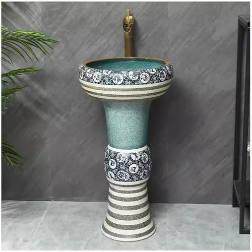 ZTGL Lavandino a Colonna Bagno in Ceramica, Design Vintage Unique Lavandino su Piedistallo, Lavabo Colonna con Rubinetto e Scarico, per Interni ed Esterni Salvaspazio,2 Piece Set