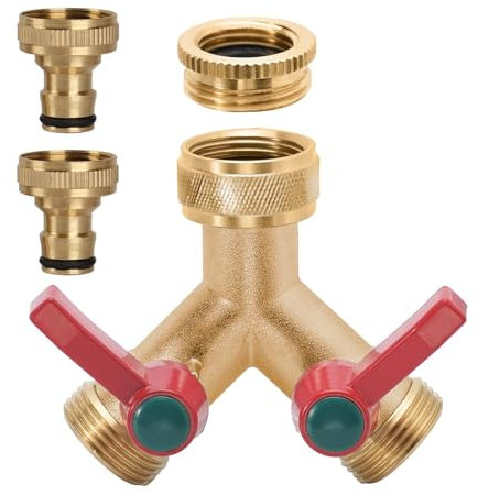 Wasserhahn Wasserverteiler, 3/4 Zoll Messing Wasseranschluss Verteiler, individuellem Absperrhähnen Verlängerter Griff, Verteiler 3/4 Adapter 1/2 mit Kugelhahn für Gartenschläuche (2 Wege)