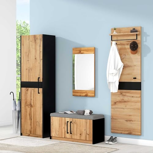 NIUAWASA Praktischer Wandgarderobe 4-teilig mit Spiegel und Sitzbank, Garderoben-Set, Stylishe Kompaktgarderobe mit 4 Kleiderhaken Stangen und Ablage