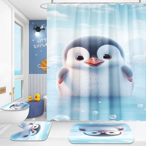 SHROUDEX Pinguin Duschvorhang 120x200cm, 3D Süßer Pinguin Kinder Badvorhang Wasserdichtes Polyester Funny Penguins Duschvorhang Badezimmermatte 4-teiliges Set (7,180x200cm)