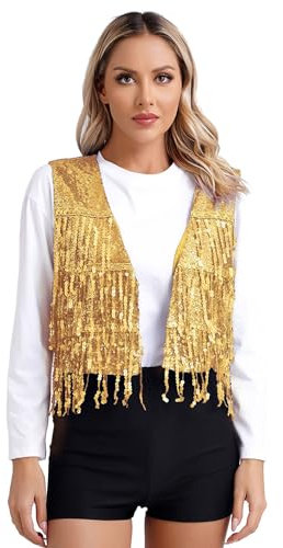Kaerm Pailletten Weste Damen Glitzer Ärmellos Fransen Quasten Jacke Kurz Mantel Mit V-Ausschnitt Fasching Karneval Silvester Outfit Gold S