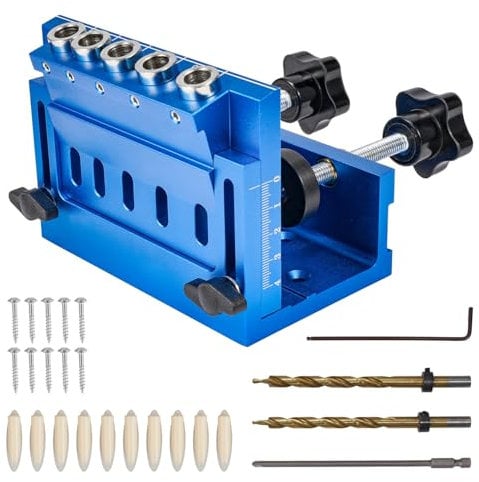 ONEVAN Pocket Hole Jig, 15° Schrägloch Bohrschablone mit 5 Taschenlöcher, Einstellbar Taschenlochbohrer Dübellochklemmen für Holzbearbeitun, inkl. Bohrer, 10 Selbstschneidenden Schrauben und Kappen