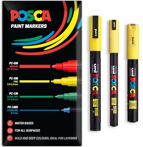 Posca Water Based Acrylic Paint Marker Pens | Multi Surface Use Permanent Paint Pen | Pack of 3 Pens in Envelope Gift Packaging | Glass Fabric Wood etc | PC-1MR, PC-1M, PC-3M, Yellow