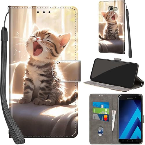 Handyhülle für Samsung Galaxy A5 2017 Hüllen Premium Leder Case Klappbar Wallet Magnet Kartenfach Standfunktion Schutzhülle kompatibel mit Samsung A5 2017 Cover,Katze