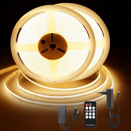 TTWAY Tira LED COB 15M 2700K, Tira LED Blanco Cálido Dimmable 24V, CRI92+, Ancho 8mm, con Mando a Distancia y Fuente de Alimentación (2x7.5 metros), Para Decoración de Interiores, Cocina, Espejo