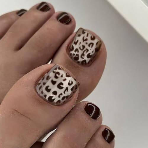 Leopard Toe Nail Press ons Short Square Press on Toenails Cat Eye Fake Toenails with Design,Reusable & Easy Apply False Toenails for Women Pedicure 24Pcs