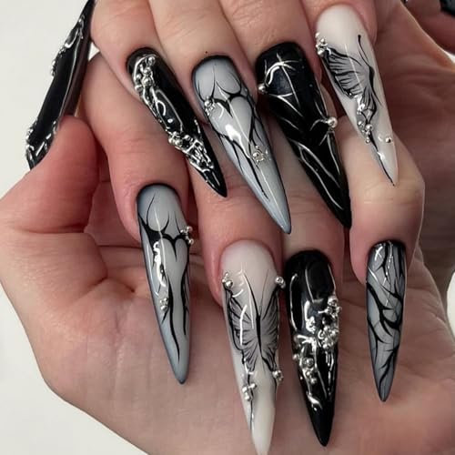 24 Stück Gothic Schwarz Nägel zum Aufkleben Lang Stiletto, French Press on Nails Natürlich Künstliche Nägel mit Liebe Schmetterling, Acryl Kunstnägel Fake Nails Fingernägel zum Aufkleben für Frauen