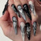 Lot de 24 Faux Ongles Amande Long, Noir Gothique Ongles à Coller French Press on Nails avec Amour Papillon Dessin, Pleine Couverture Acrylique Ongles à Presser Réutilisables pour Femmes Filles