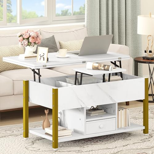 DWVO Lift Top Coffee Table, Converts to Dining Table, Features Drawers & Hidden Storage, Multi-Functional Coffee Table Living Room, White Marble, 90x47.8x47.5-61.7cm