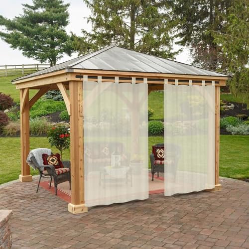 BTTO Rideaux d'Extérieur, Lot de 2 Rideau Voilage Lin à Pattes Imperméables Lumière Filtrer Transparent pour Interieurs ou Exterieurs Decoration Jardin Patio Maison, L132 x H213 cm, Beige