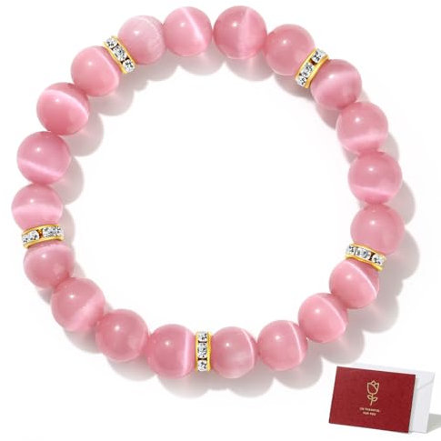 AWARDSEN Oeil de Chat Bracelet Pierre Naturelle Femme 10mm Rose Pierre Precieuse Bracelet Perle Bijoux Cadeau Femme