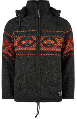 THC Natural Line Handgefertigte Schafwolljacke Damen & Herren – Strickjacke mit traditionellem Norwegermuster & Fleece-Futter – Schwarz Bunt 819 – Warme Wolljacke mit Abnehmbarer Kapuze