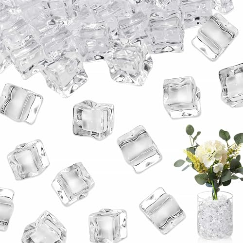 Acrylic Fake Ice Cubes Clear Reusable Artificial Ice Rocks for Vase Filler | PP 100Pcs 18mm Wedding Decor, Centerpiece Decoration, Photography Props, Party Table Scatter, Kitchen & Home Decoration