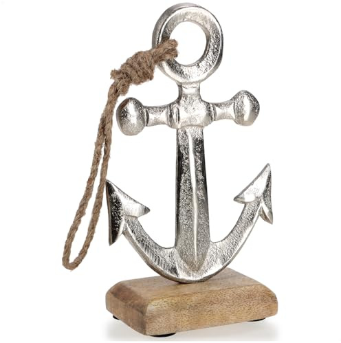 com-four® Soporte de Ancla Decorativo - Figura Decorativa marítima - Escultura de Metal sobre Base de Madera de Mango - Ancla Decorativa con Cuerda de Yute para Decorar (Ancla - Plata/Cuerda)