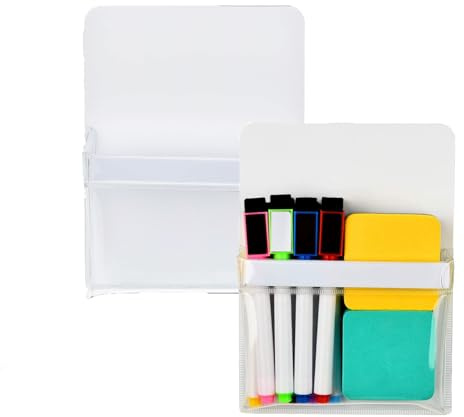 iLulala 2 Pieces Magnetic Pencil Holders, Magnetic Plastic Pocket Pouch 4.7 x 6.5 Clear File Holder for Fridge Whiteboard Locker, Magnet Pen Dry Erase Marker Storage Organizer Accessories (White).