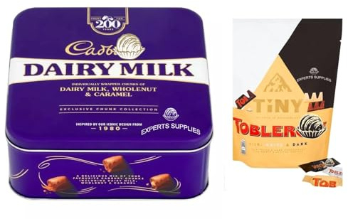 New Cad Dairy Milk Chunk Collection Gift Tin 360g & Tobler Tiny Tiny's Milk, White & Dark Chocolates Perfect for Sharing For Christmas & New Year
