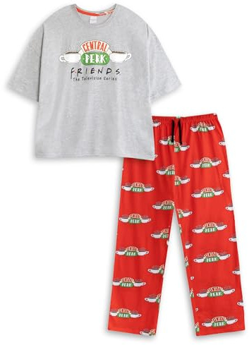 Friends Central Perk Damen-Pyjama-Set mit kurzen Ärmeln und Langen Beinen, grau | Retro-Loungewear für Nachtwäsche und Entspannung | Solides Design mit Logo | TV-Show-Merchandise