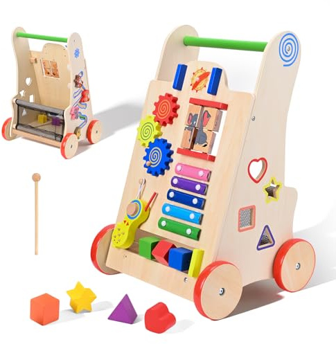 Lauflernwagen Holz, 8-in-1 Baby Lauflernhilfe Holz mit Multifunktional Montessori Spielzeug, Lauflernwagen Baby mit Rädern, von 3 Monaten bis 2 Jahren, Geschenke für Jungen und Mädchen