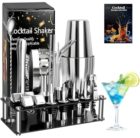 23-PCS Premium Cocktail Shaker Set, Cocktail Making Kit | With 750ml Boston Stainless Steel Shaker & Acrylic Stand, Muddler, Strainer etc Accessories, for Home, Bar, Party,Gift Giving