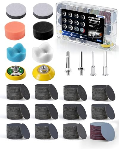 435 PCS 2 Inch Wet Dry Sanding Discs, Drill Polishing Kit with 60 to 5000 Grit Hook and Loop Sandpaper Assortment for Dremel Drill, Headlight Restoration Kit with Buffing Pad for Auto Wood Metal Resin