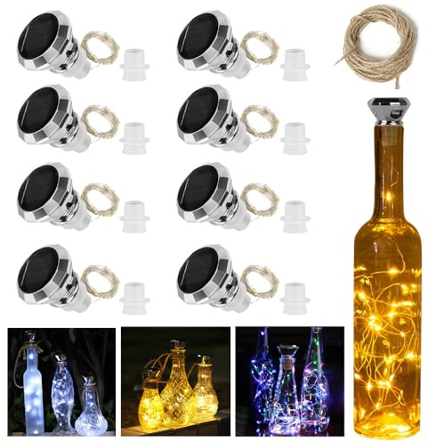 Nzkeuf Flaschenlichterkette Korken, 8 Stück Solar Flaschen Outdoor, 20 LEDs 2M Flaschenbeleuchtung, Weinflasche Lichtkette für DIY, Party, Garten, Hochzeit, Außen Innen Deko, Universalgröße