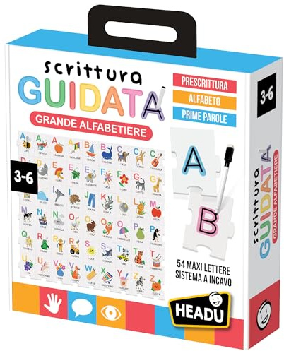 HEADU - Geführtes Schreiben von großen Alphabetinnen – Rezept, Alphabet und Wörter | Lernspiel für Kinder von 3 bis 6 Jahren, lesen und schreiben, indem Sie die Buchstaben in Hohlform durchstechen