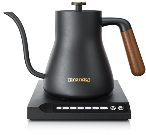 Arendo - Edelstahl Wasserkocher mit Temperatureinstellung - Griff aus Echt Holz - Temperaturauswahl 40° bis 100° - Warmhaltefunktion 30 Minuten – 0,6 Liter – Design Schwarz