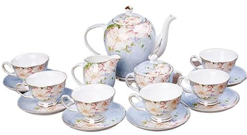 juego de té, Juegos de té porcelana for adultos, tazas café vintage hueso flor azul y 6, con tetera azucarero