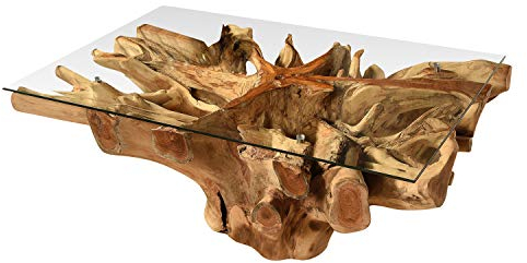 Vakarua Couchtisch aus Wurzelholz Amazonas Sofatisch 80x60 mit Glas Wohnzimmertisch Holz