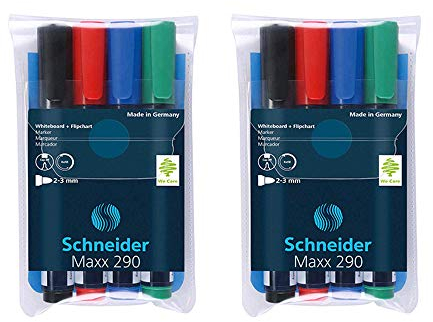 Schneider Maxx 290 Marker (für Whiteboards und Flipcharts, Rundspitze 2-3 mm Strichstärke) Etui mit 4 Farben (4er Marker Doppelpack)