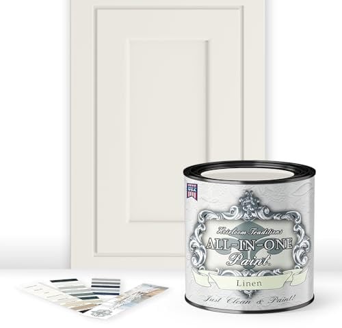 ALL-IN-ONE Paint, Durable cabinet and furniture paint. Built in primer and top coat, no sanding needed. Includes our 30 featured color card - Linen (off-white), Quart