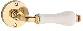 B&M Set of Traditional Vintage Brass Lever on Rose with Ivory Porcelain Handle Polished Brass 50mm