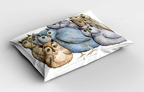 ABAKUHAUS Eule Kissenbezug, Eulen-Familien-Porträt Art, Dekorativer Standard King Size Gedruckter Kissenbezug, 80 x 40 cm, Mehrfarbig