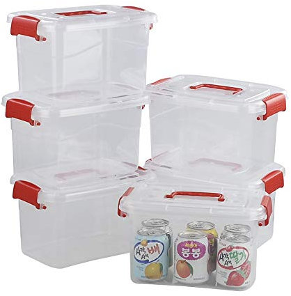 Doryh 5 L Plastic Storage Bin with Lid, Clear Transparent Box With Red Handles Set of 6
