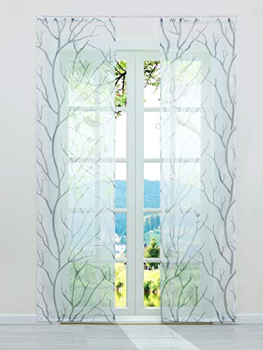 ESLIR Schiebegardinen Set 2er Flächenvorhänge Gardinen mit Klettband Schiebevorhang Transparent Vorhang mit Zweige Muster Voile Weiß-Grau BxH 57x175cm 2 Stück