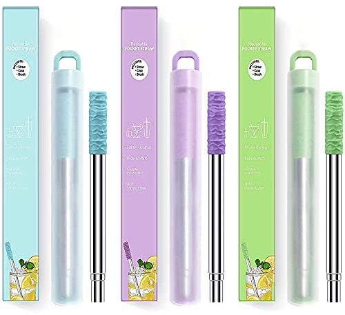 3 Stück Tragbares Edelstahl Strohhalm set, Wiederverwendbare Zusammenklappbare Strohhalme mit Silikonspitze Teleskop Strohhalme Trinkbar für zu Hause oder Unterwegs (Blau + Grün + Lila)