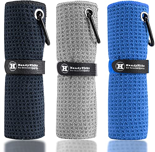 Handy Picks Mikrofaser-Golf-Handtuch (40,6 x 40,6 cm) mit Karabiner-Clip, Waffelmuster, Golf-Handtuch, Klettverschluss – das praktische Golf-Reinigungstuch, Schwarz/Grau/Blau
