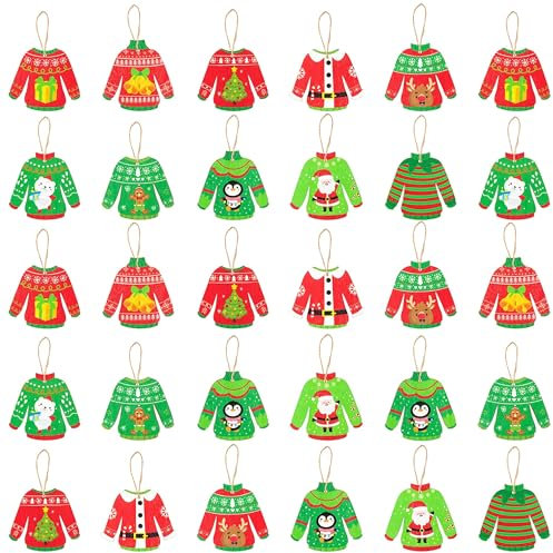 Haooryx 31pcs Natale brutto maglione appeso ornamenti in legno, maglione brutto, decorazione albero di Natale, ciondolo con corde per vacanze invernali Natale decorazione bomboniera forniture