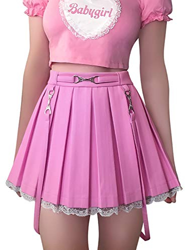 LittleForBig Donna A-Line Pieghettato PU Finta Pelle Svasata in Pelle Svasata Pizzo Casual Trim Mini gonne-Troublemaker Rosa XL