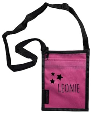 Brustbeutel mit Namen & Sternen Bedruckt | personalisierbare Brusttasche 17x13 cm | zum Umhängen mit Klarsichtfenster für Schülerausweis Buskarte (pink)