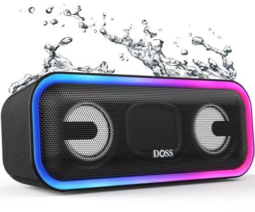 DOSS SoundBox Pro + Altavoz Bluetooth Portátil 24 W, Sonido Estéreo, Potentes Graves, IPX6 Impermeable,15 Horas de Reproducción, Emparejamiento Estéreo Inalámbrico, Luz LED para Fiestas, Viajes-Negro